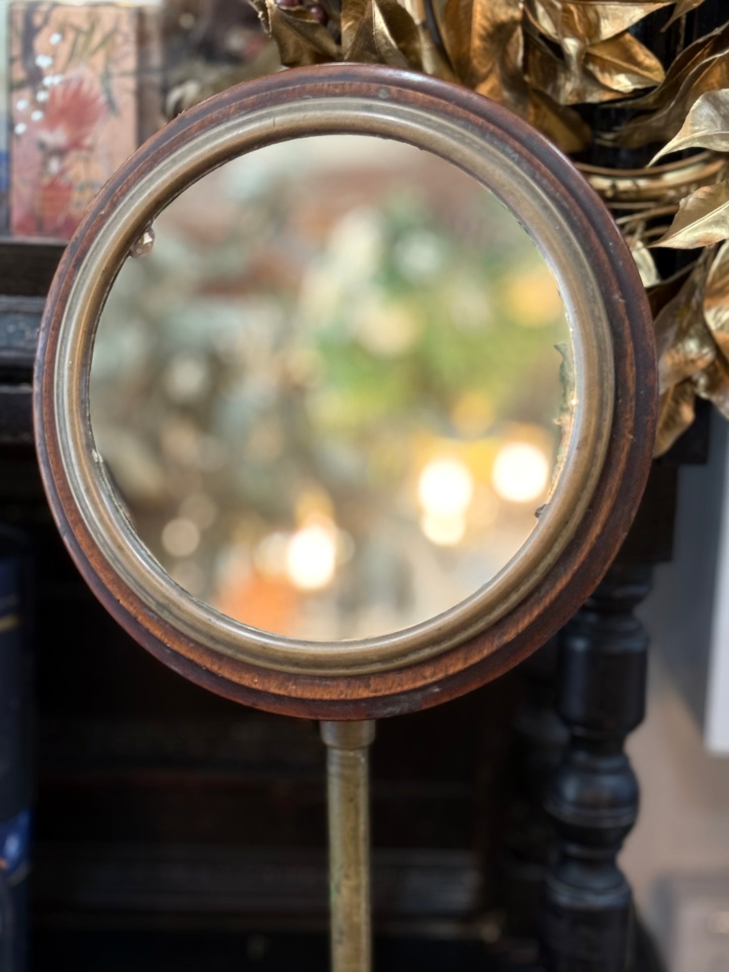 Old Timber and Brass Framed Mirror on adjustable stand