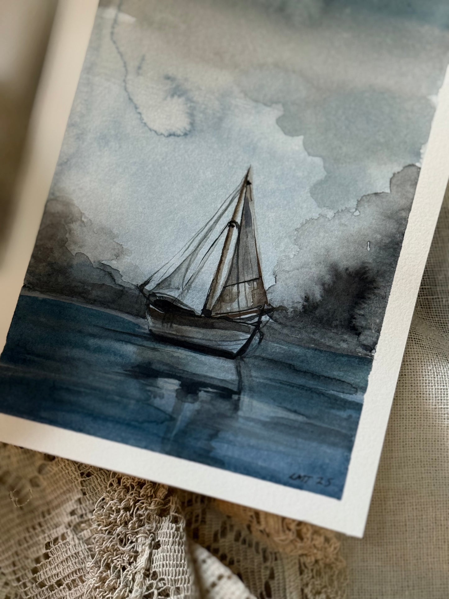 Water Colour; Sailboat Water Mirror - unframed - Linda Titow