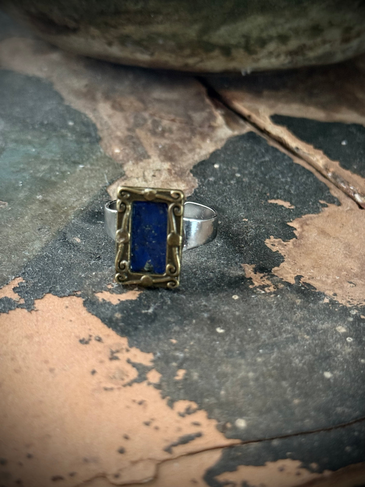 Art Jewellery - Salvaged Metal Antique Frame Ring - Blue