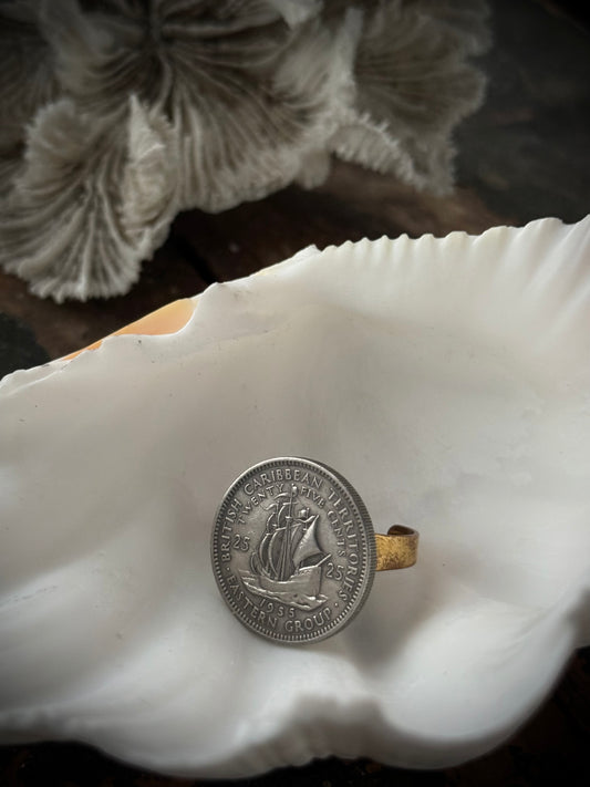 Art Jewellery - Salvaged Coin Ring - Caribbean Ship