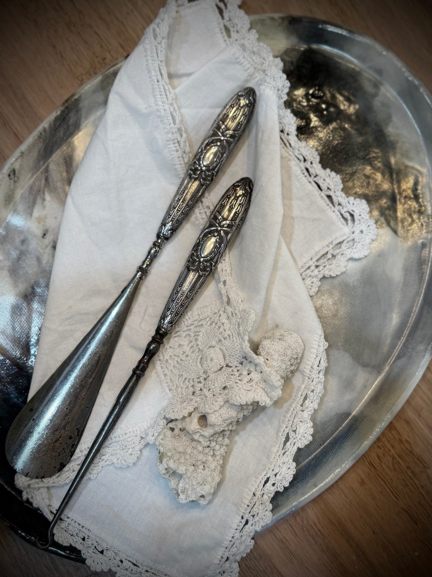 Engraved Victorian Silver Shoe Horn and Button Lace Hook - pair