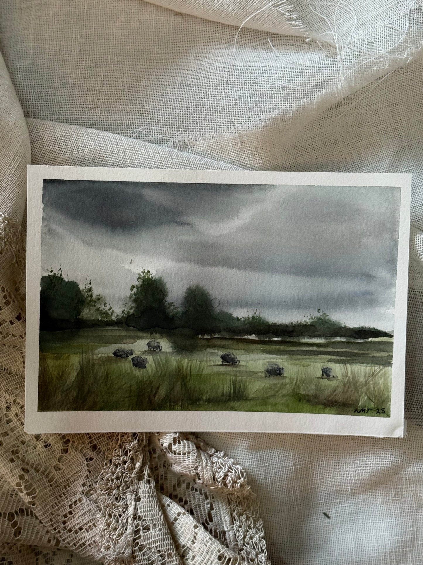 Water Colour; Green Grazing - unframed - Linda Titow