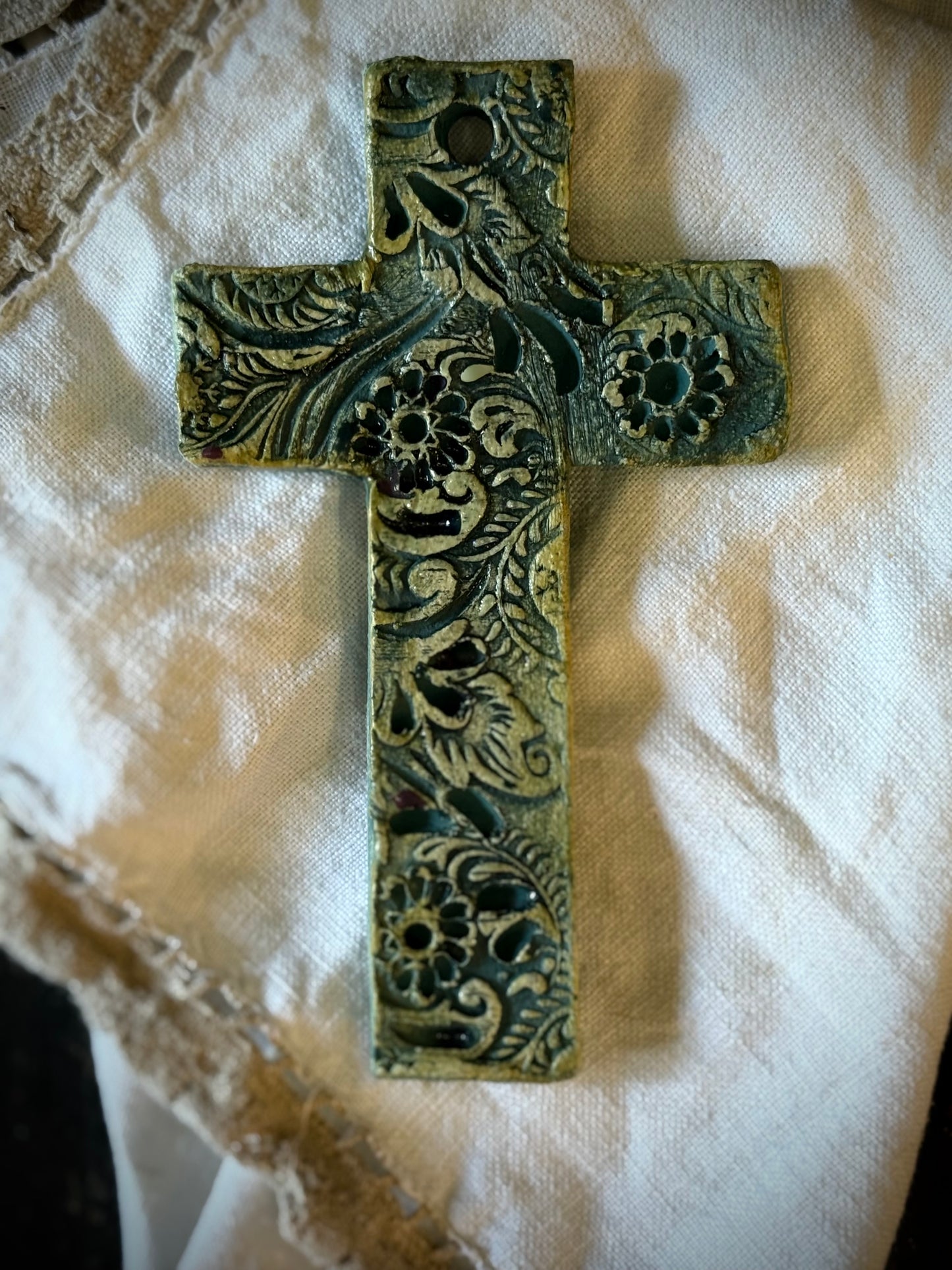 Ceramic Cross Wall Hanging by Linda Titow - Green