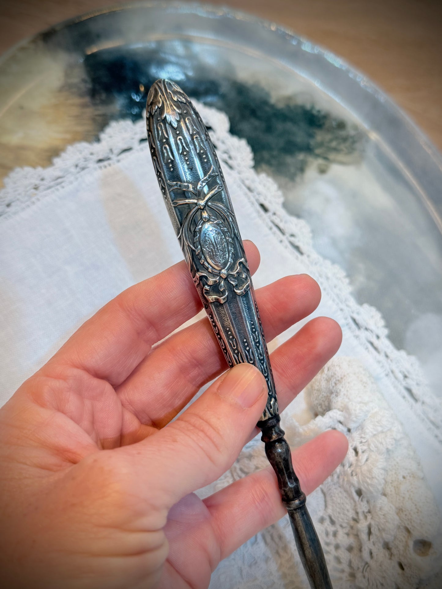 Engraved Victorian Silver Shoe Horn and Button Lace Hook - pair