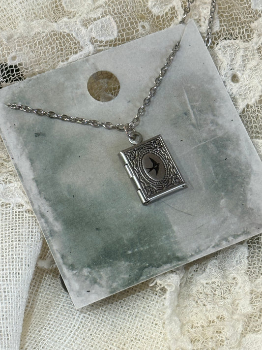 Engraved Bird Swallow Book Locket with Message - silver