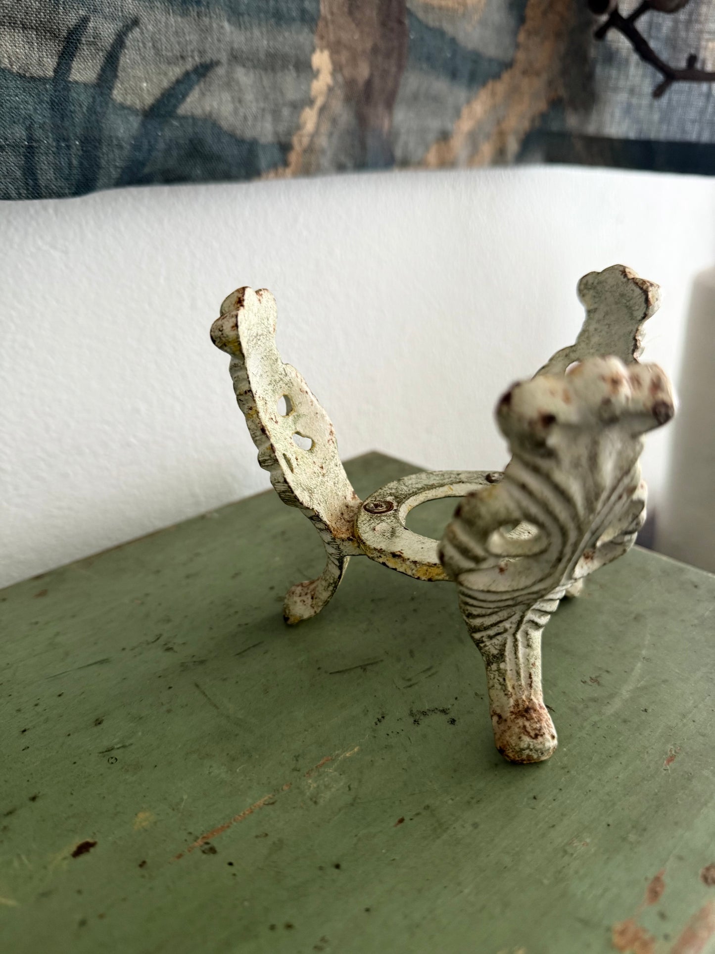 Beautiful Vintage Cast Iron Holder - Cream & Green Patina