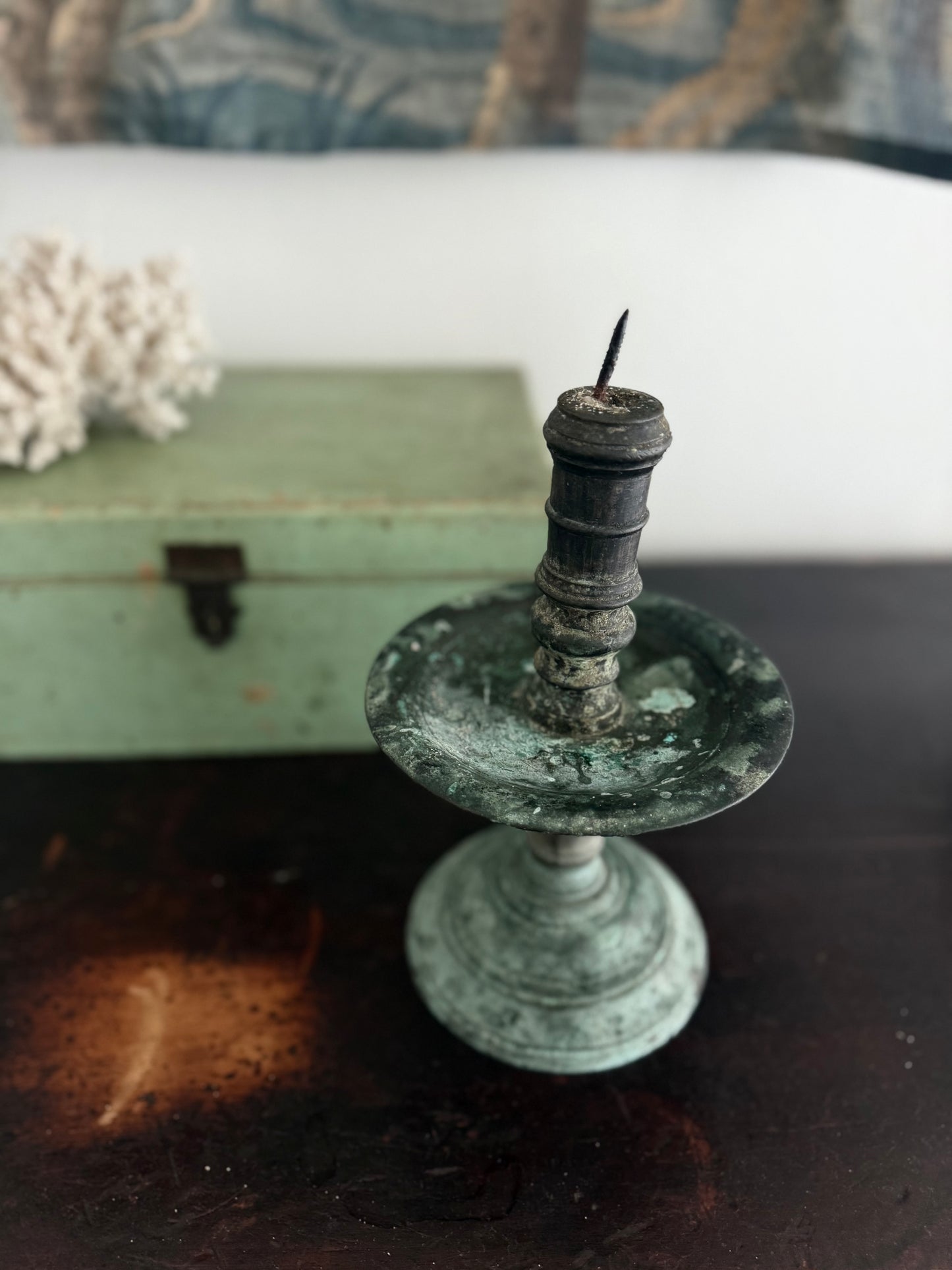 Heavy Antique Candlestick - Green Patina