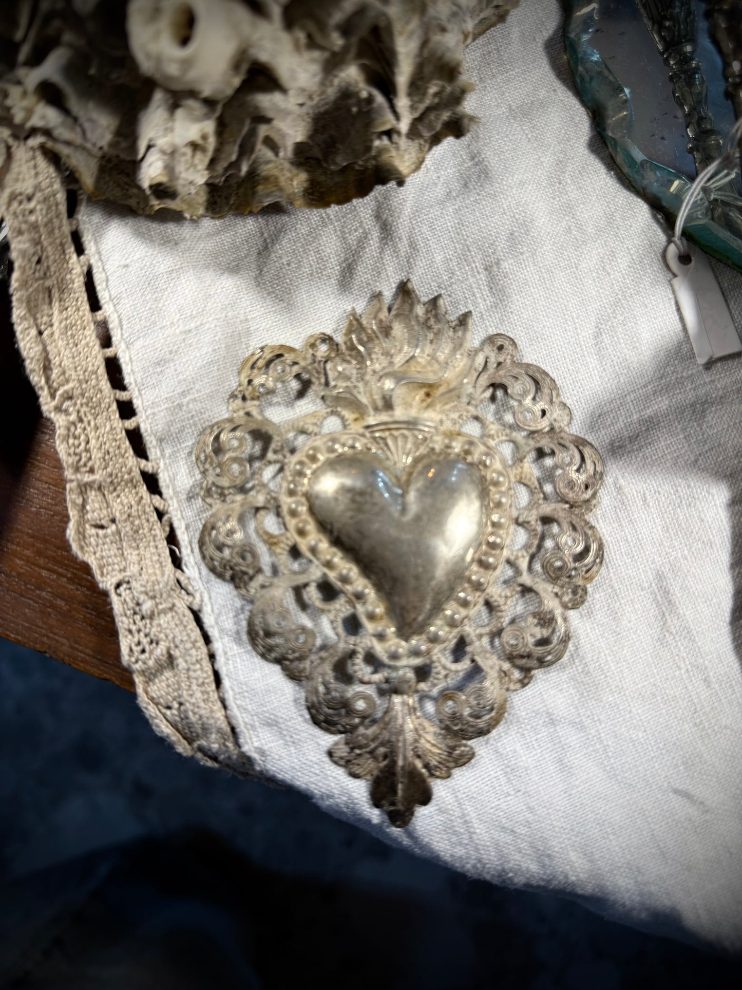 Old French Silver Sacred Heart - 1
