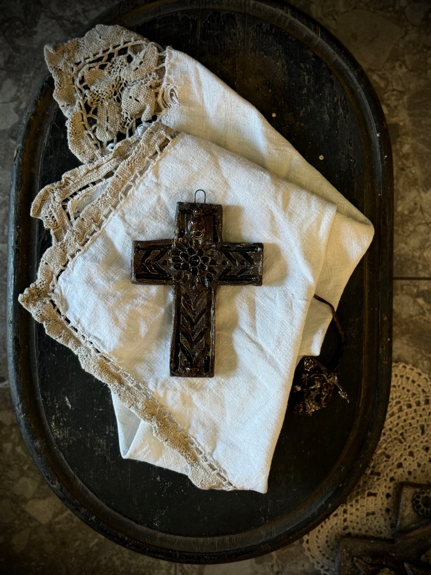 Ceramic Cross Wall Hanging by Linda Titow - Brown