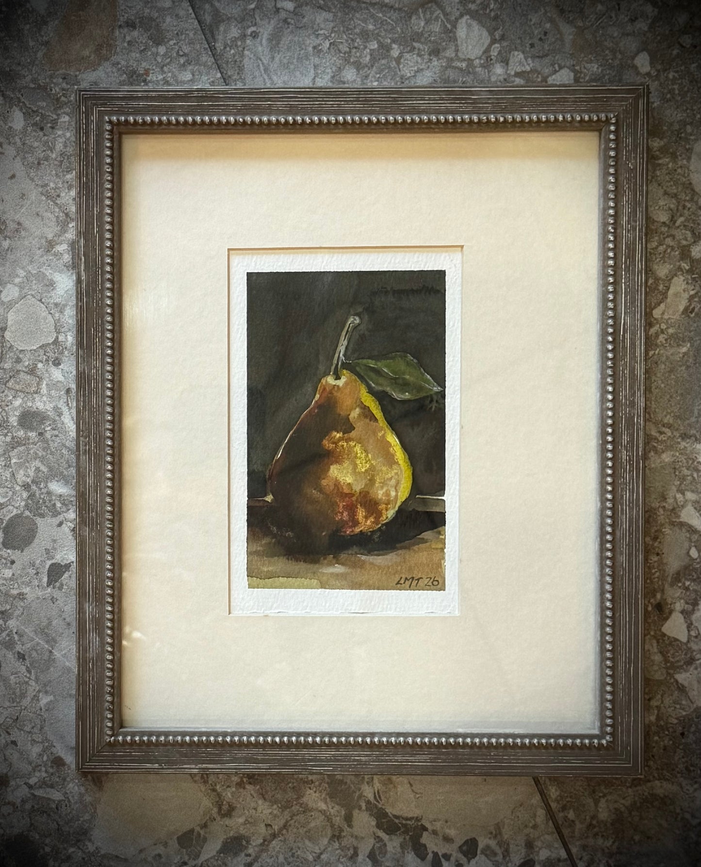 Water Colour; Pear, golden light - framed - Linda Titow