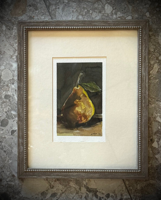 Water Colour; Pear, golden light - framed - Linda Titow