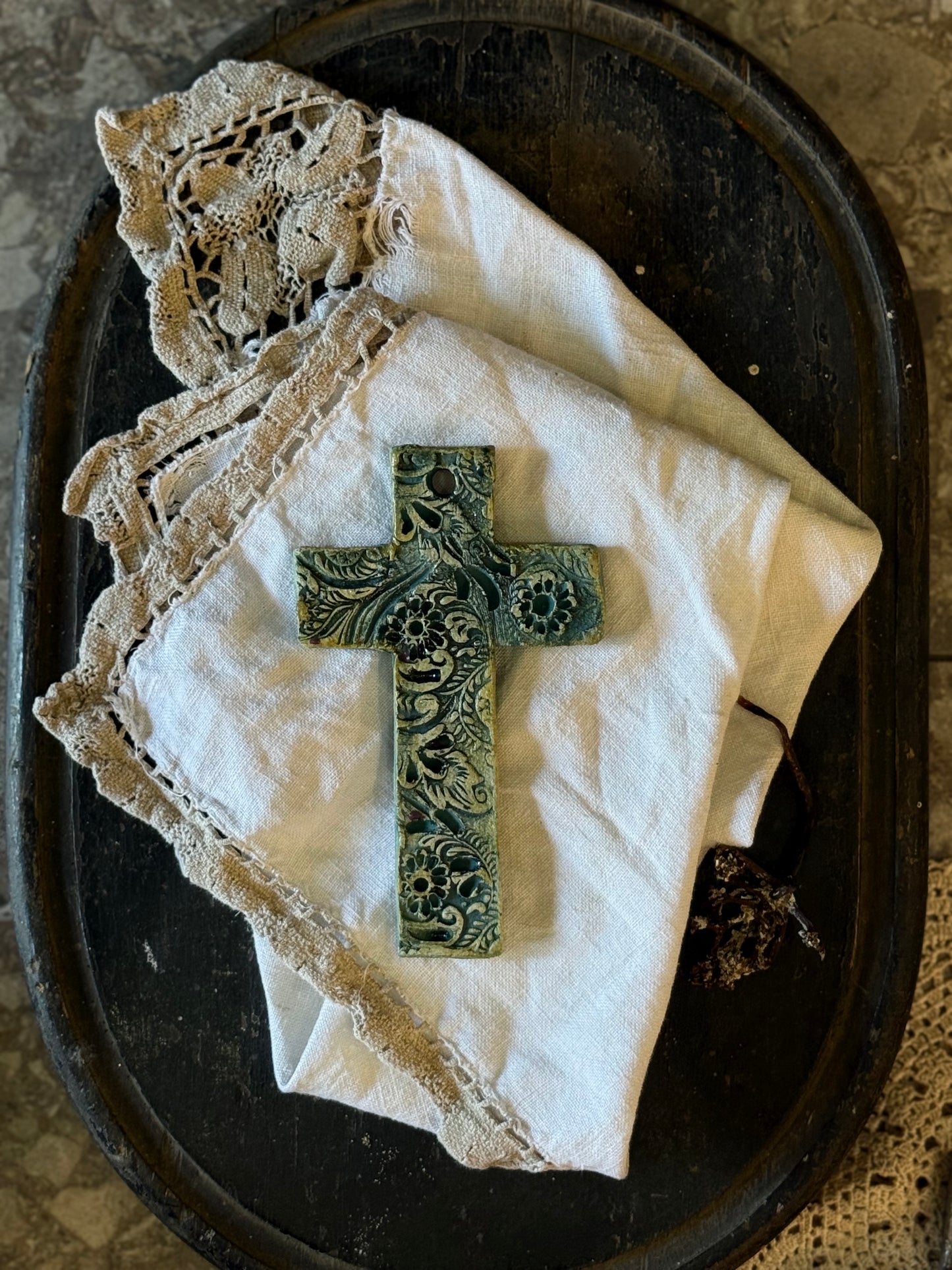 Ceramic Cross Wall Hanging by Linda Titow - Green