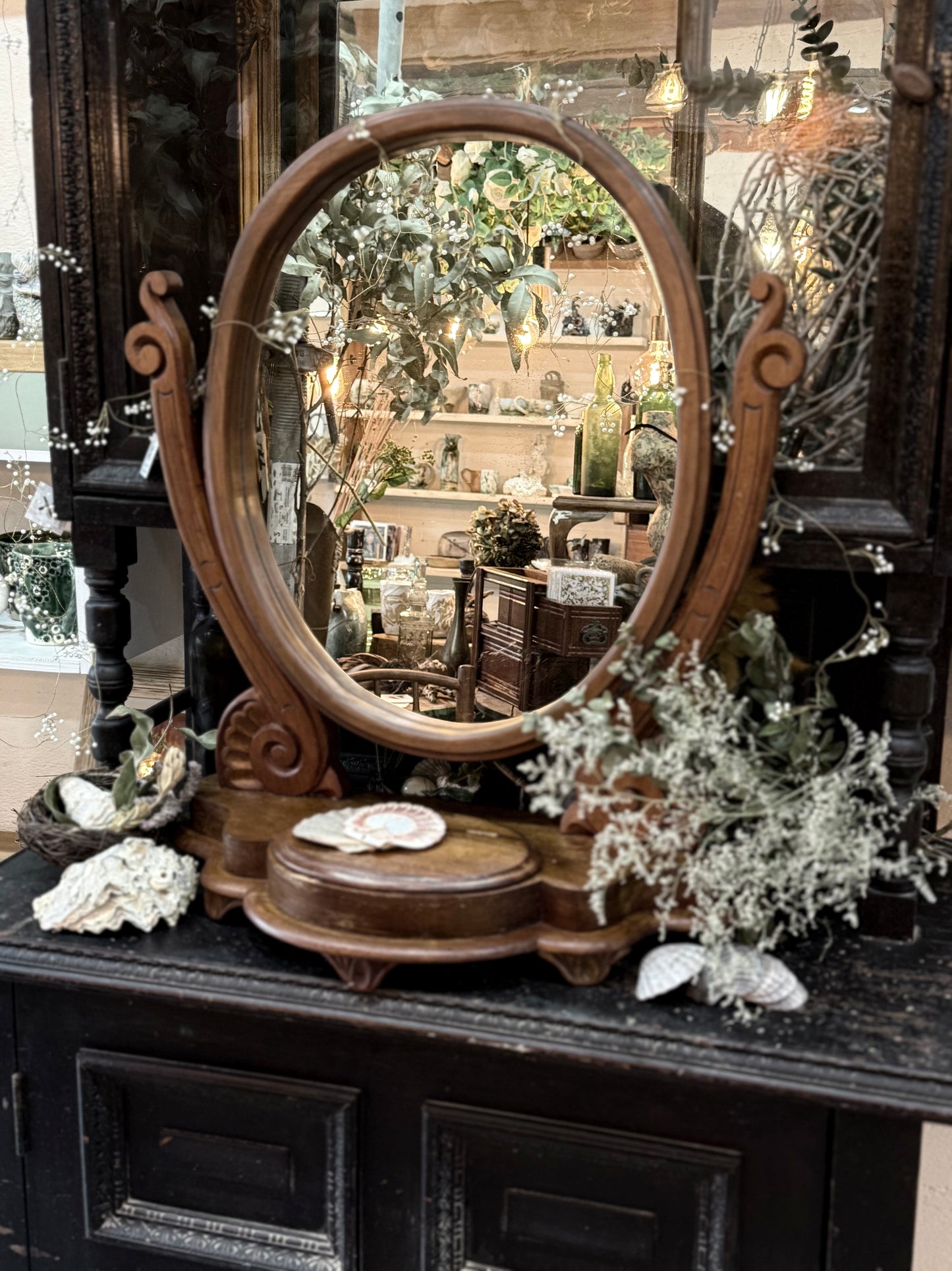 Vintage Oval Dresser Mirror with Treasure Box