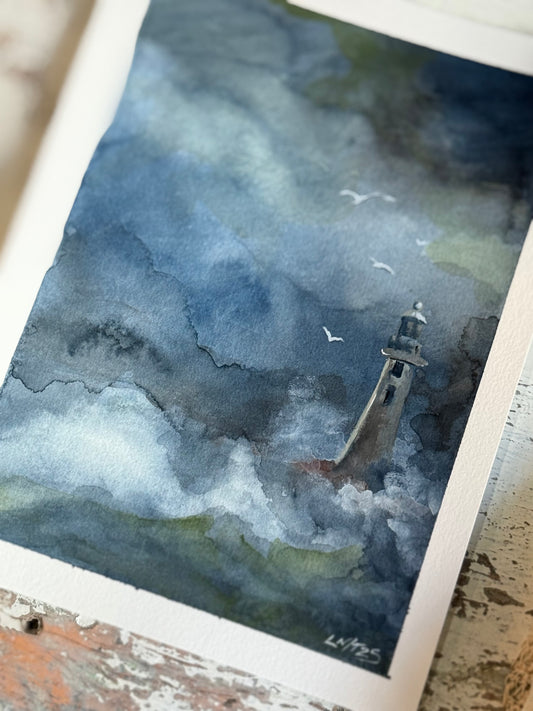 Water Colour; Stormy Lighthouse - unframed - Linda Titow