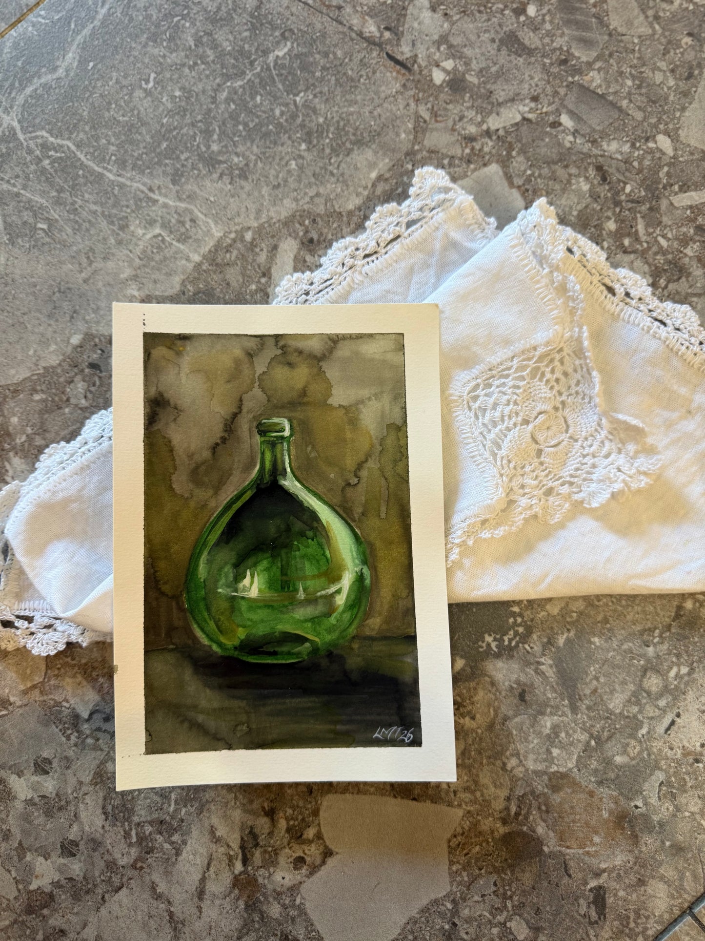 Water Colour; French Green Demijohn - unframed - Linda Titow