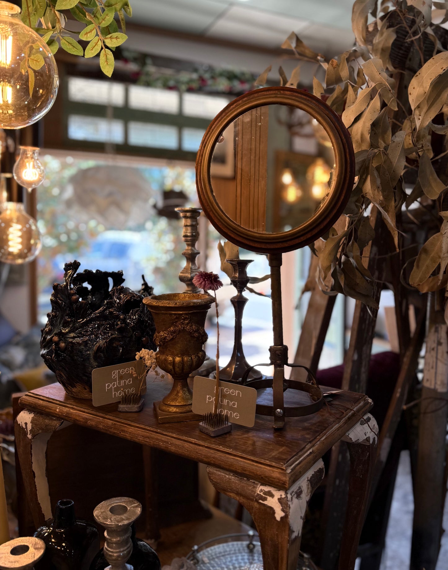 Old Timber and Brass Framed Mirror on adjustable stand