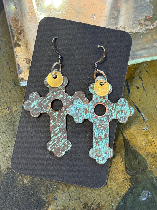 Art Jewellery - Church Roof Patina Earrings - cross