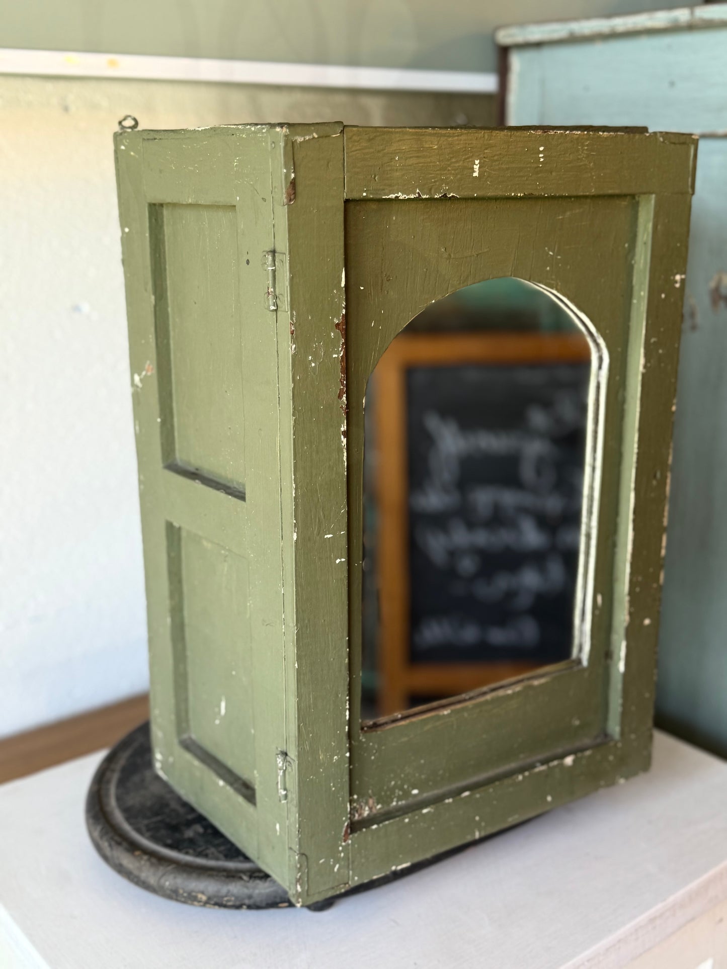 Antique Green Arch Mirror Wall Cabinet