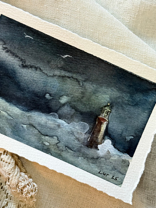 Water Colour; Lighthouse at Sea - unframed - Linda Titow