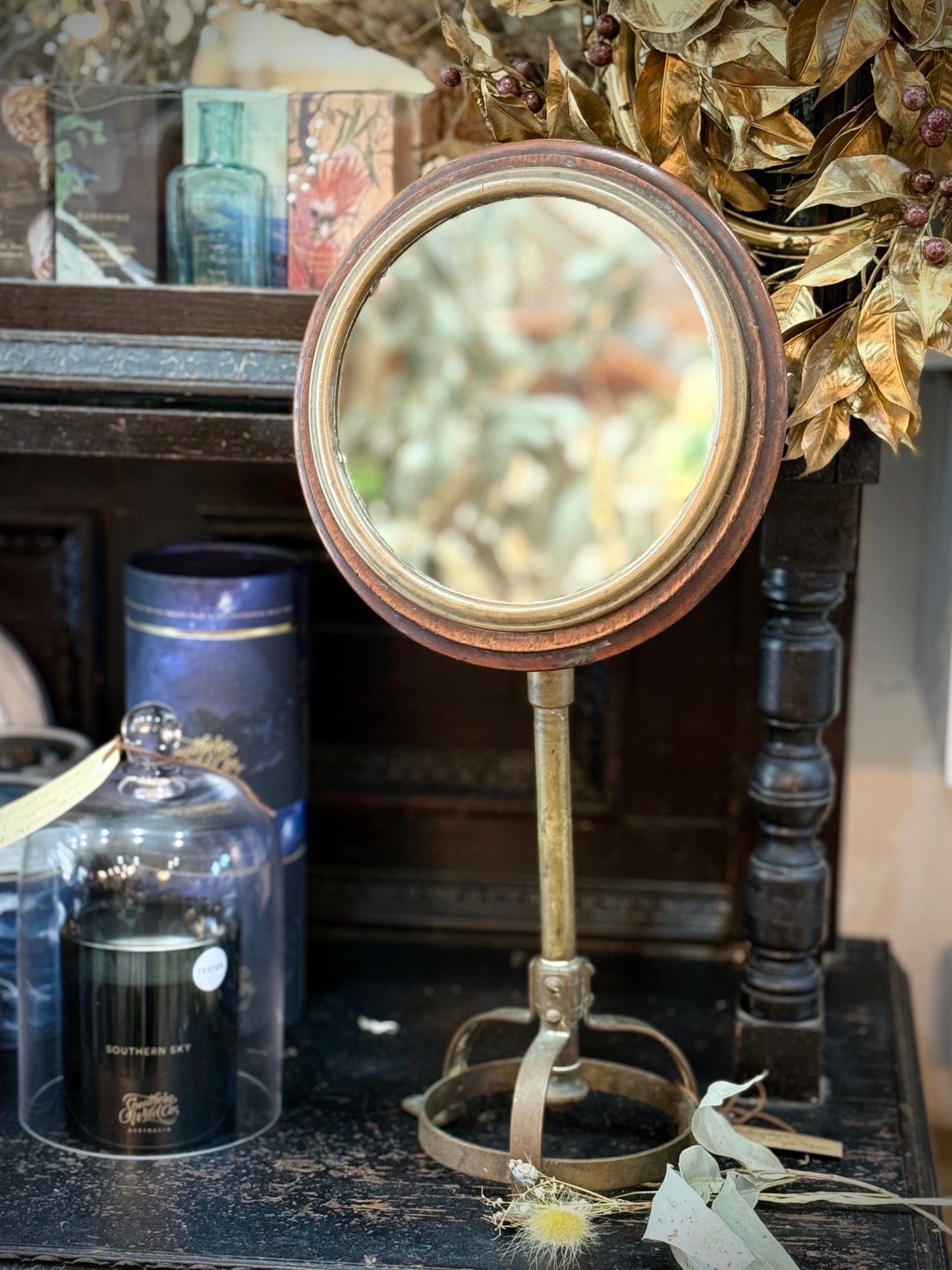Old Timber and Brass Framed Mirror on adjustable stand