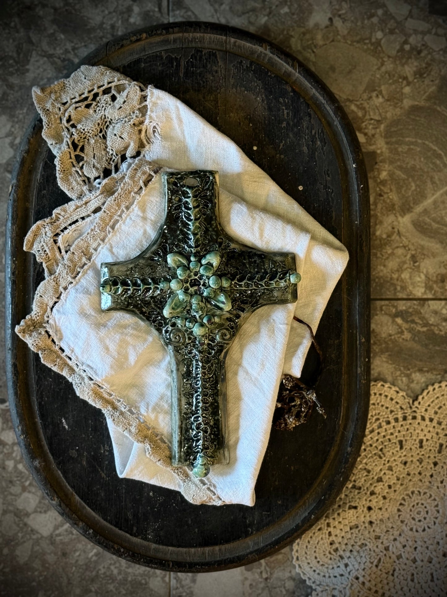 Ceramic Cross Wall Hanging by Linda Titow - Green Large