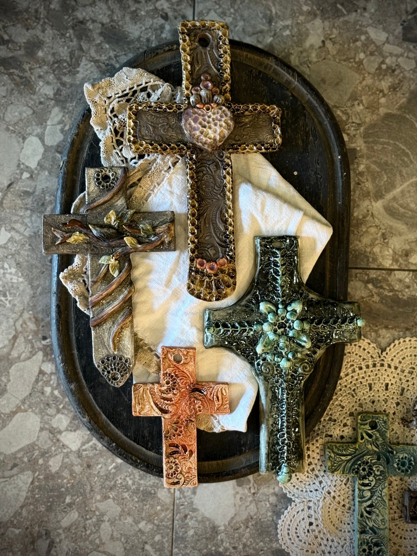 Ceramic Cross Wall Hanging by Linda Titow - Green Large