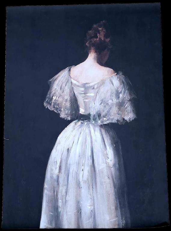 Antiqued Canvas Print - Large Portrait of lady in white satin 50 x70cm (CSAT)