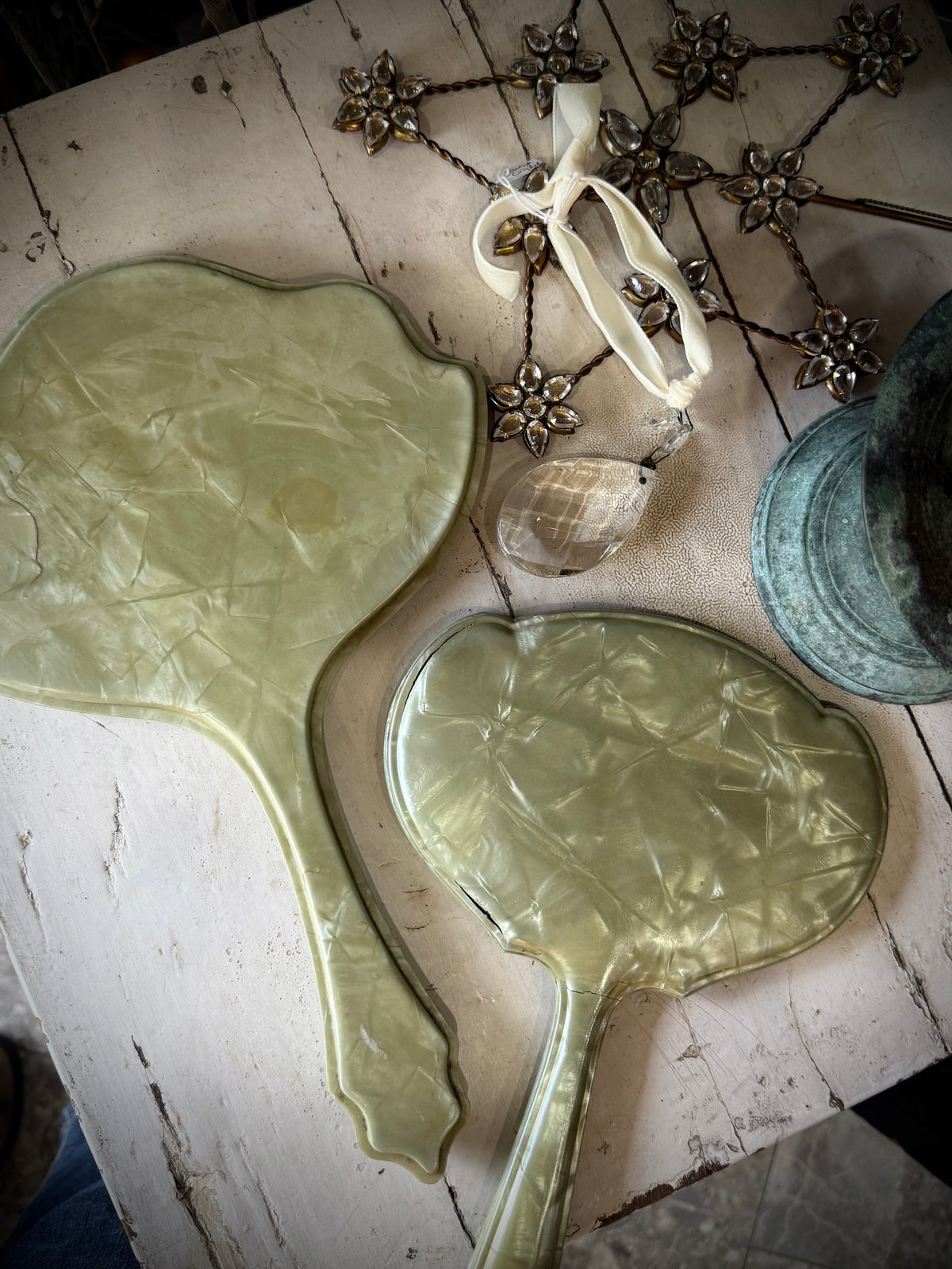 Vintage Green Hand Mirrors - pair