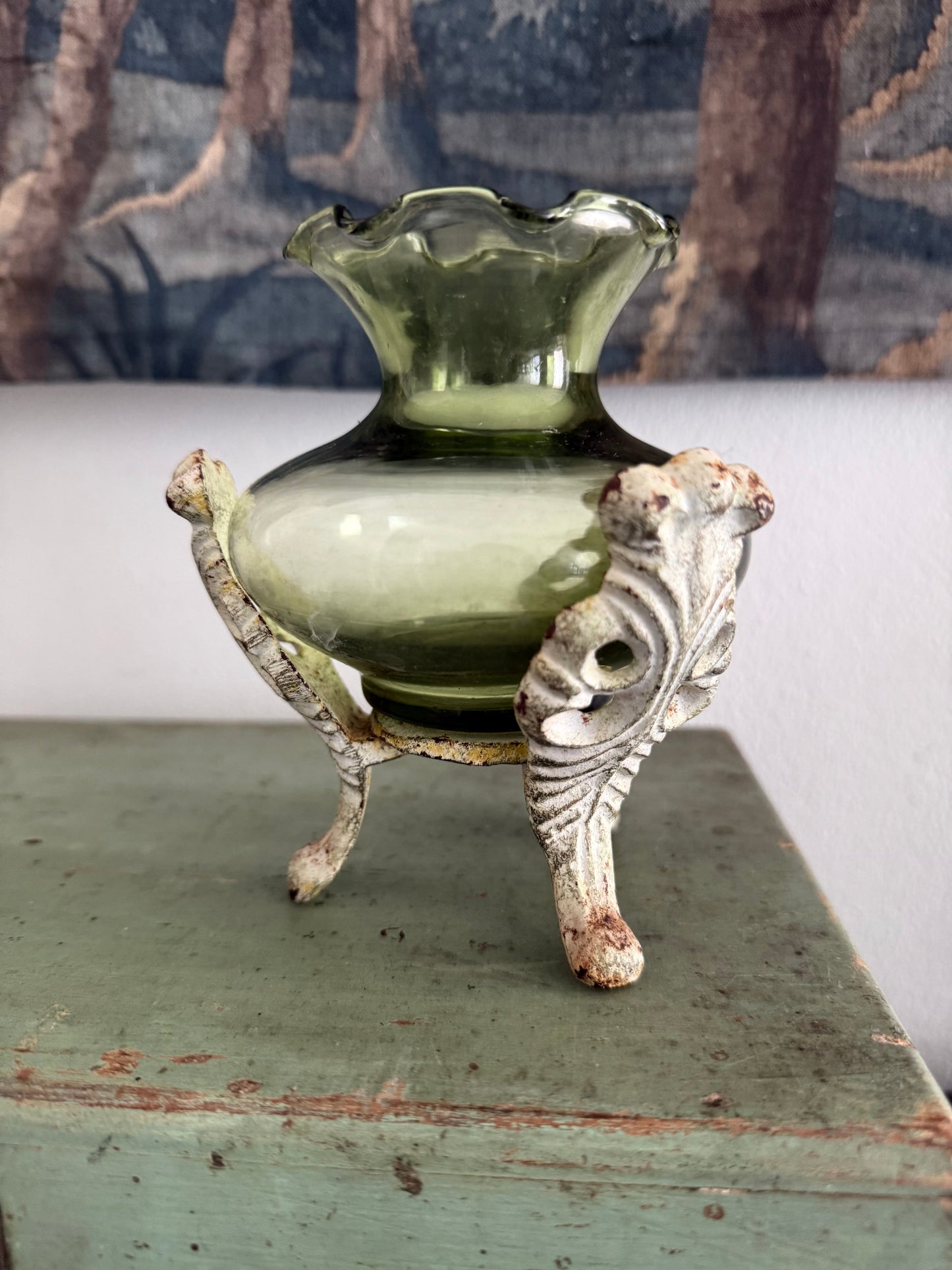 Beautiful Vintage Cast Iron Holder - Cream & Green Patina