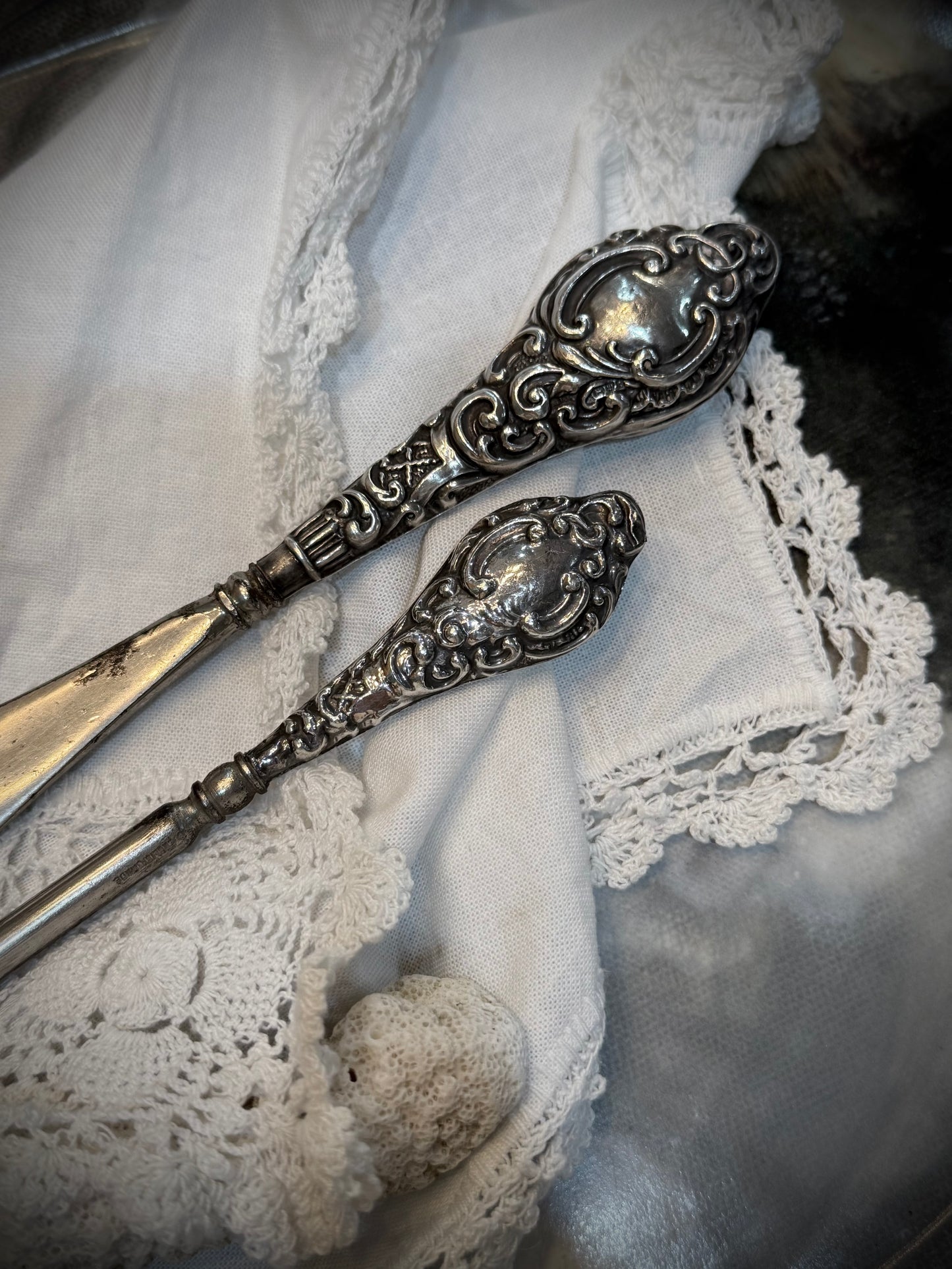 Victorian Silver Shoe Horn and Button Lace Hook - pair