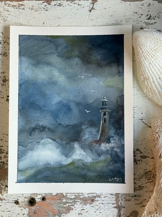Water Colour; Stormy Lighthouse - unframed - Linda Titow