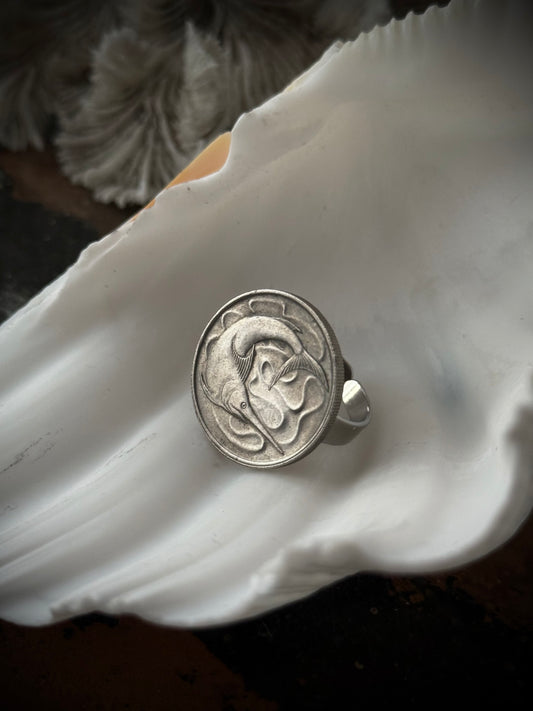 Art Jewellery - Salvaged Coin Ring Sword Fish