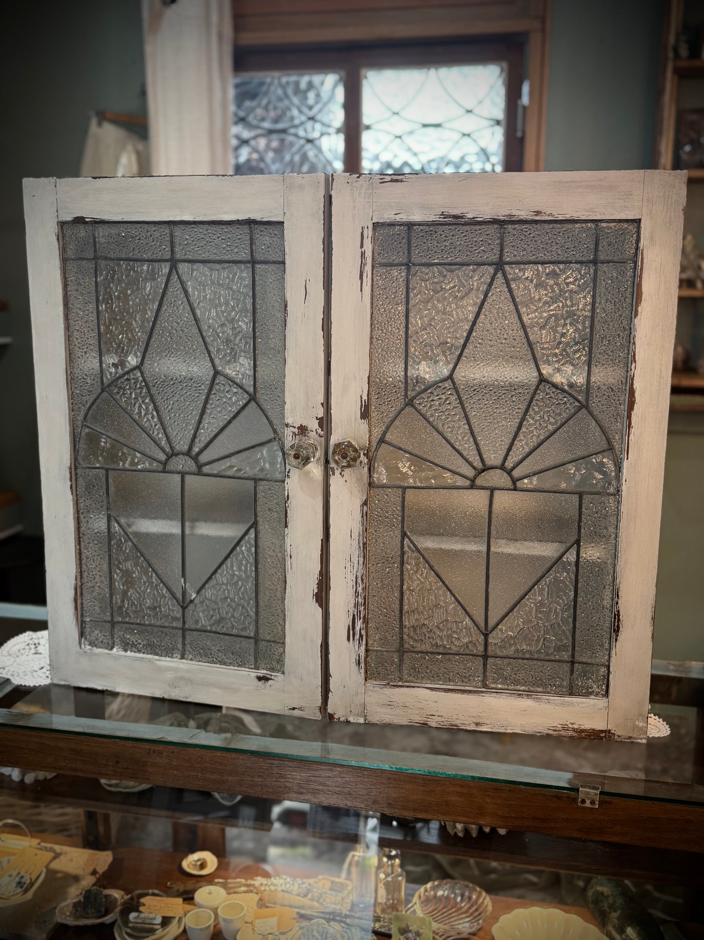 Vintage Lead-light Glass Wall Cabinet