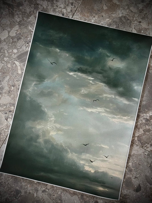 Antiqued Canvas Print - Birds in Dark Sky 35cm x 50cm