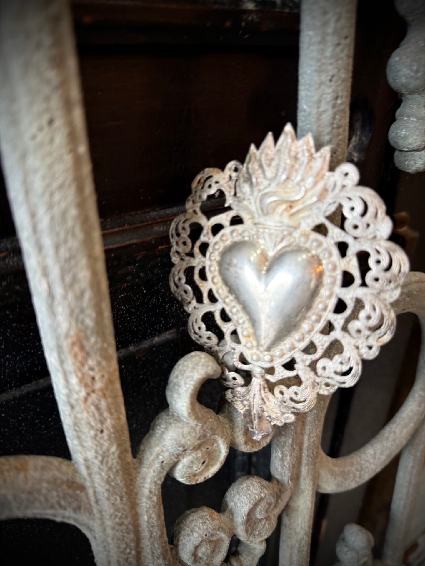 Old French Silver Sacred Heart - 1