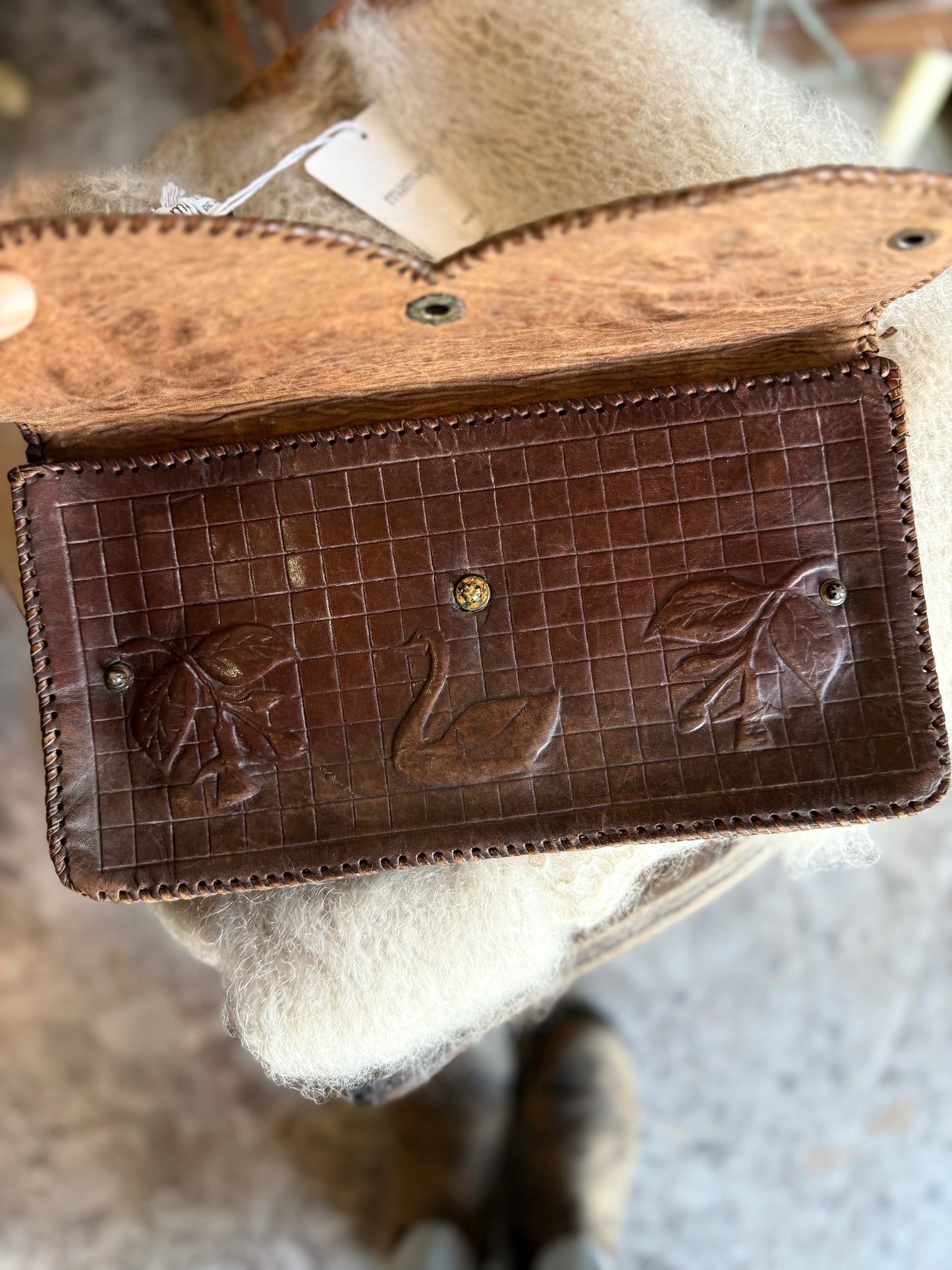 Vintage Tooled Leather Clutch - Swan