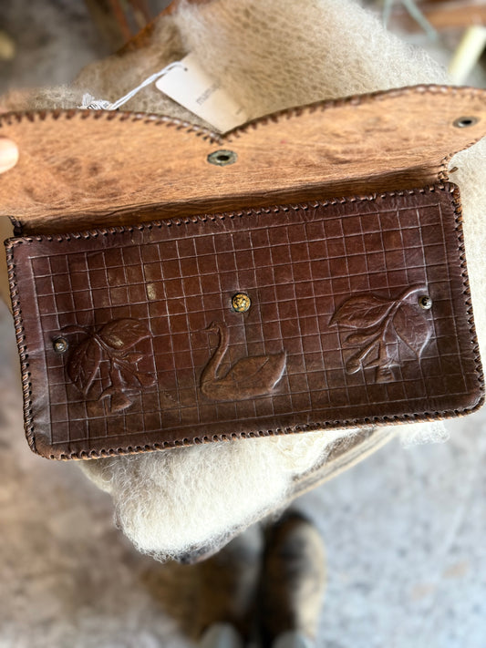 Vintage Tooled Leather Clutch - Swan