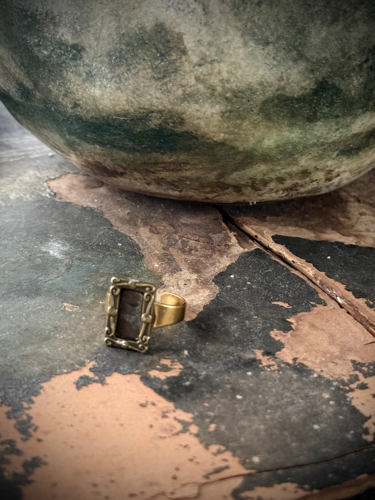Art Jewellery - Salvaged Metal Antique Frame Ring - Dark Patina