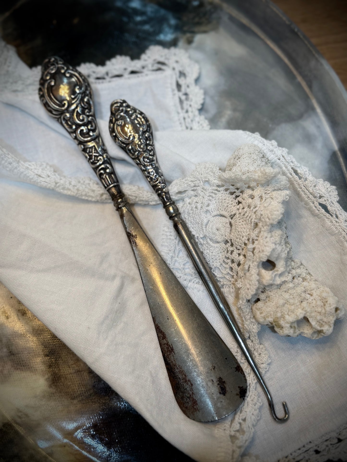 Victorian Silver Shoe Horn and Button Lace Hook - pair