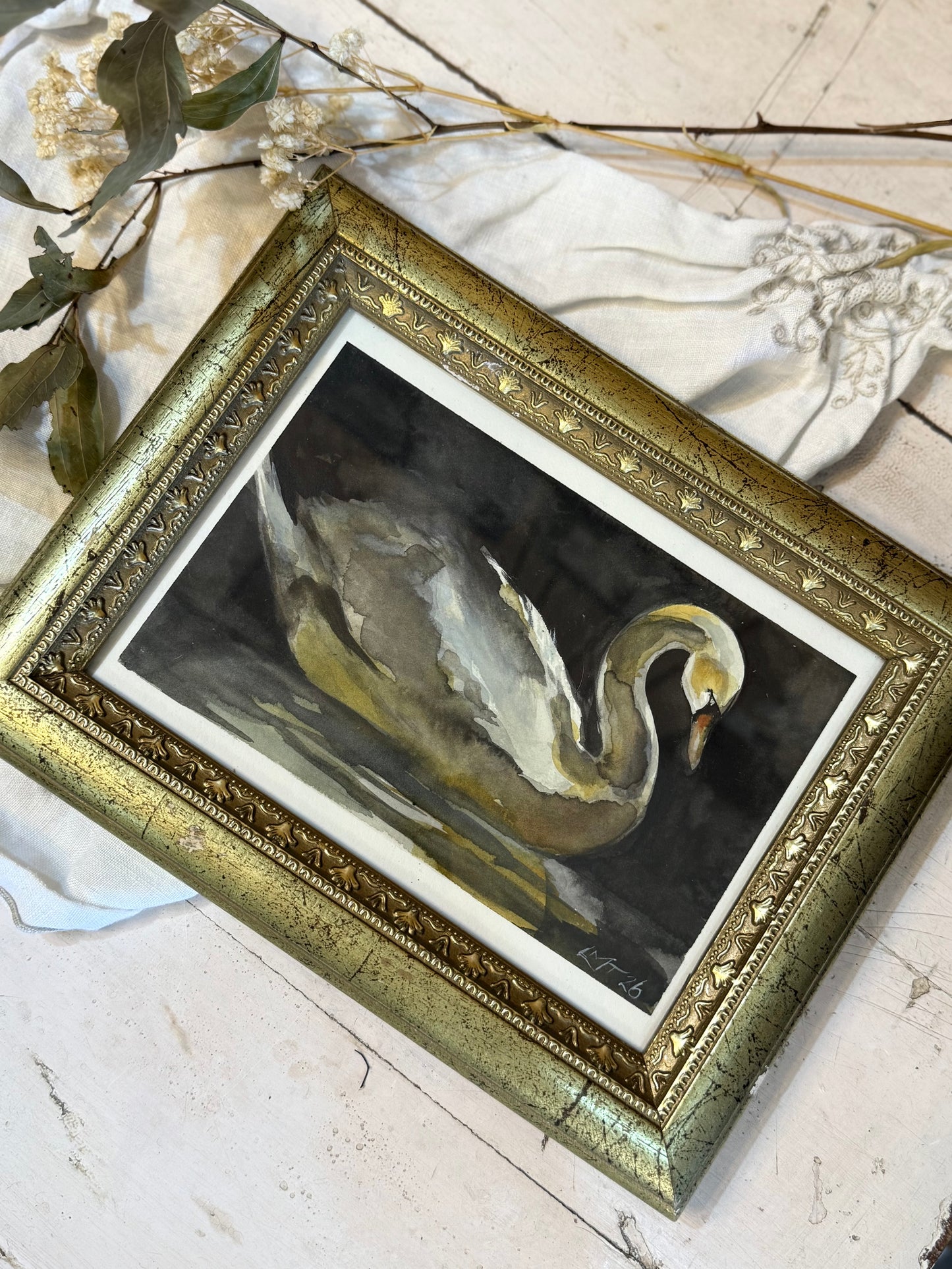 Water Colour; Night Swan - framed - Linda Titow