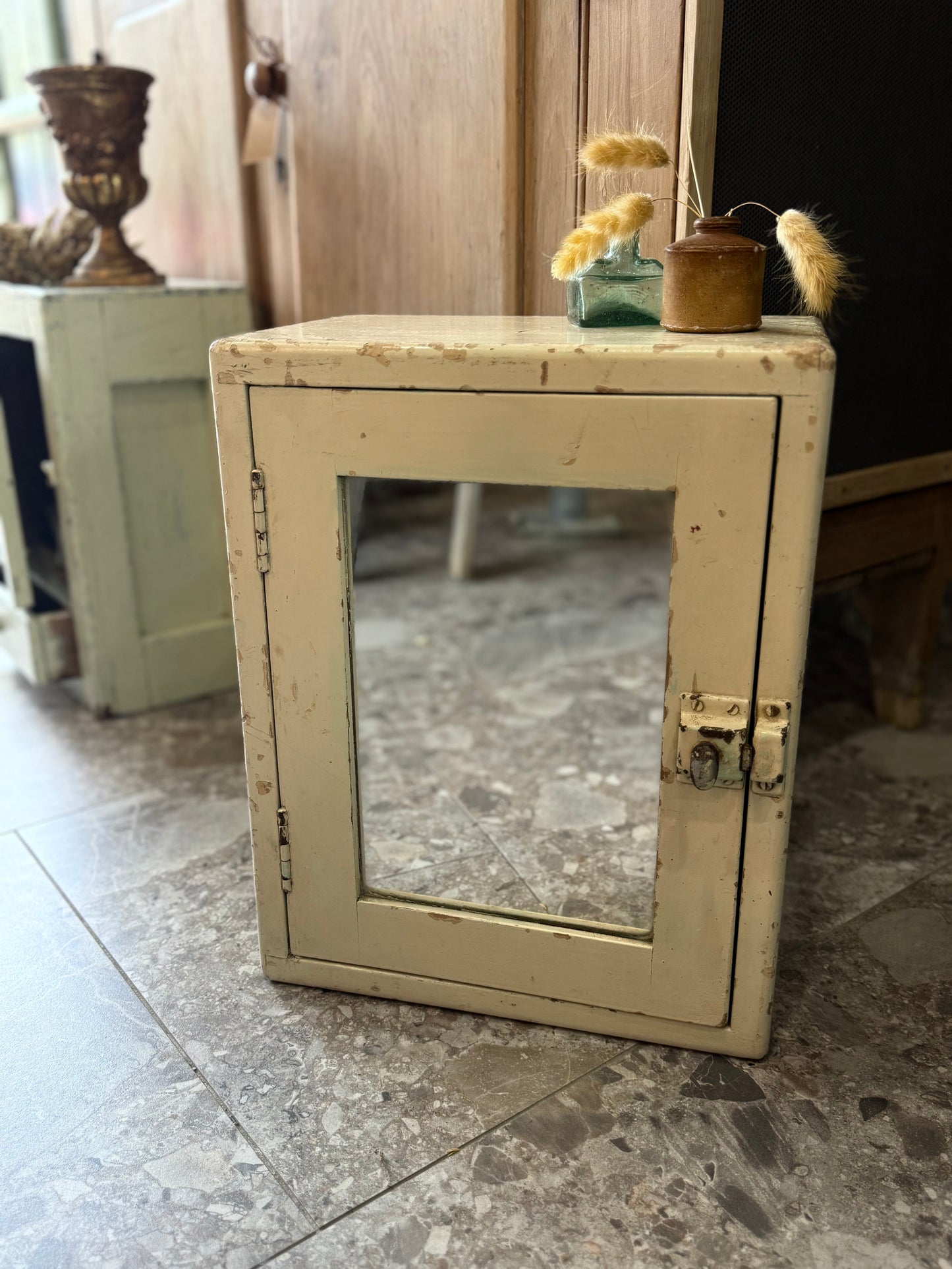 Antique White Wall Cabinet with Mirror