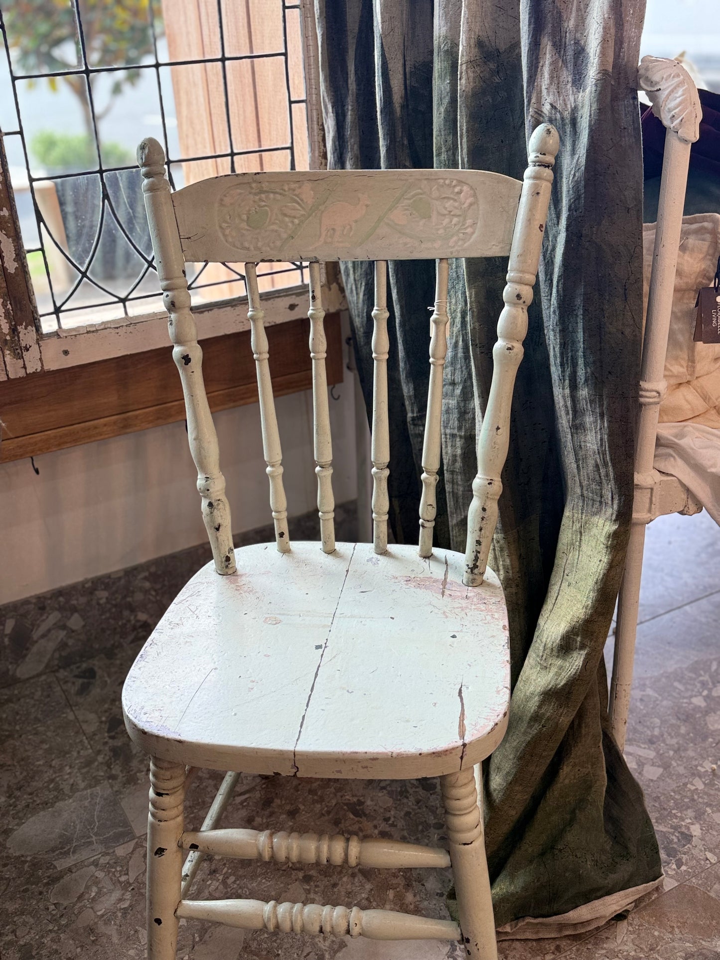 Antique White/Green Kangaroo Pressed Back Chair (1)