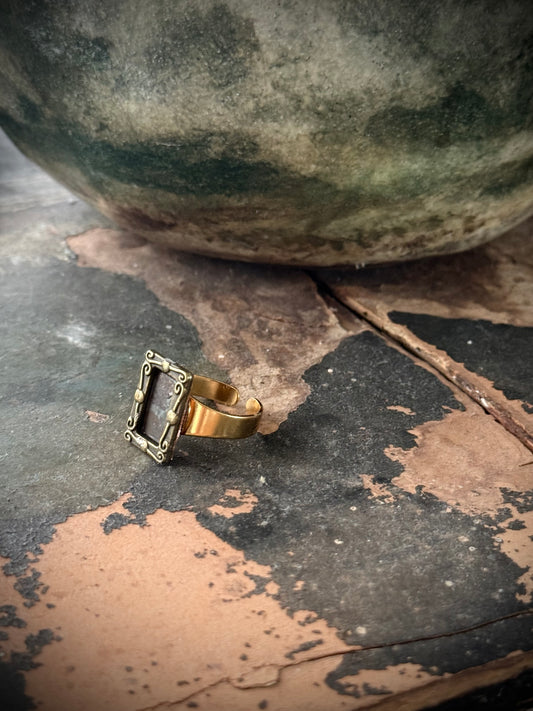 Art Jewellery - Salvaged Metal Antique Frame Ring - Dark Patina