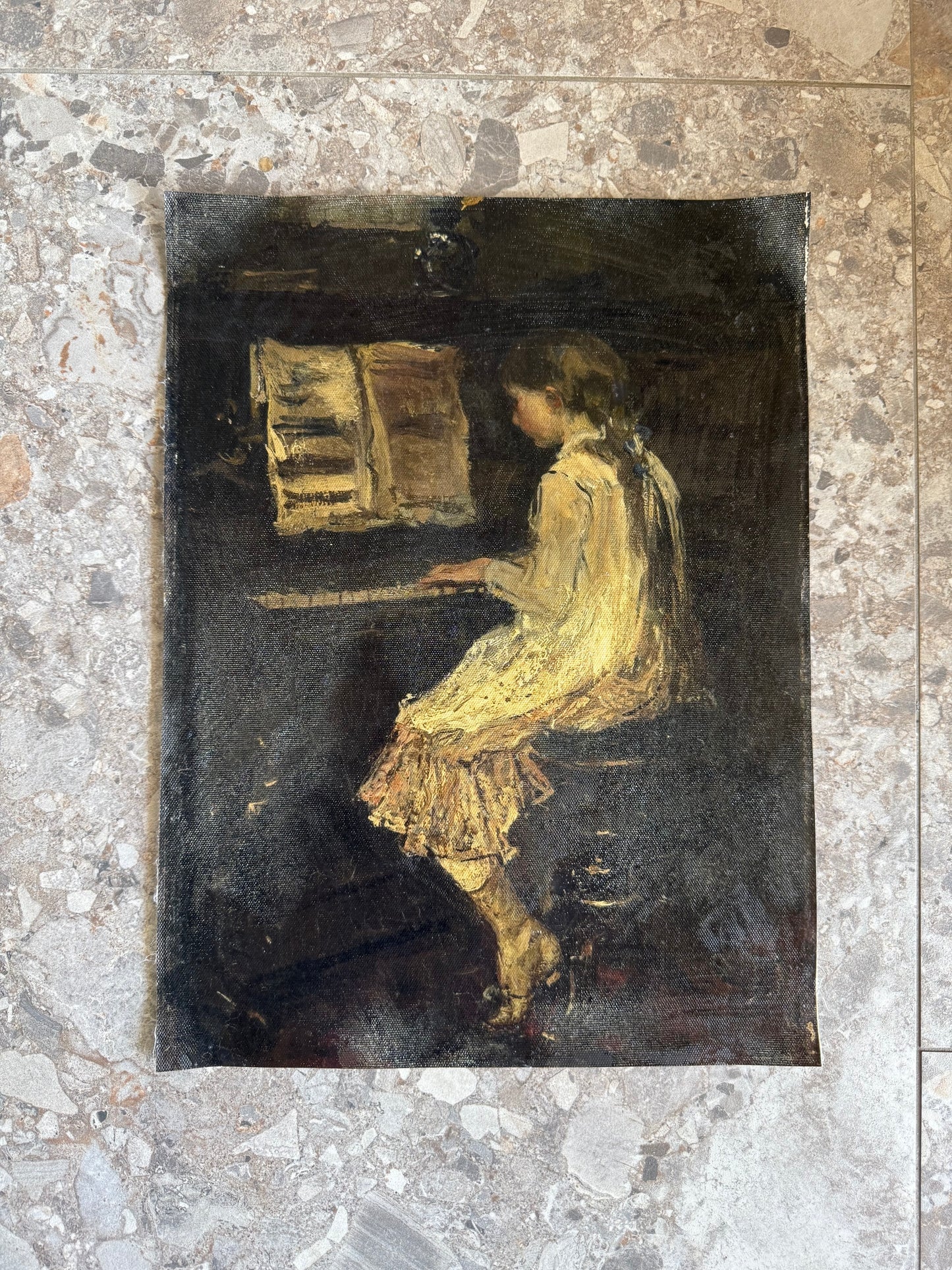 Antiqued Canvas Print - Girl Playing Piano 30cm x 40cm