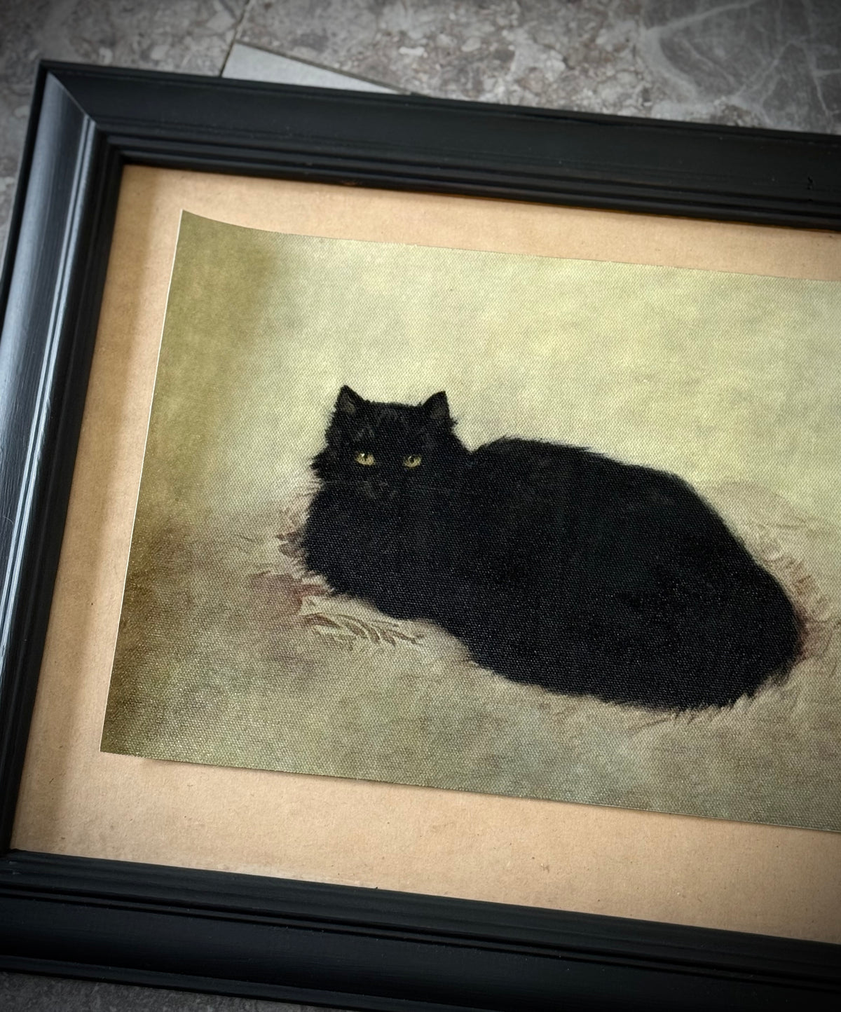 Antiqued Canvas Print - Black Cat 21cm x 30cm