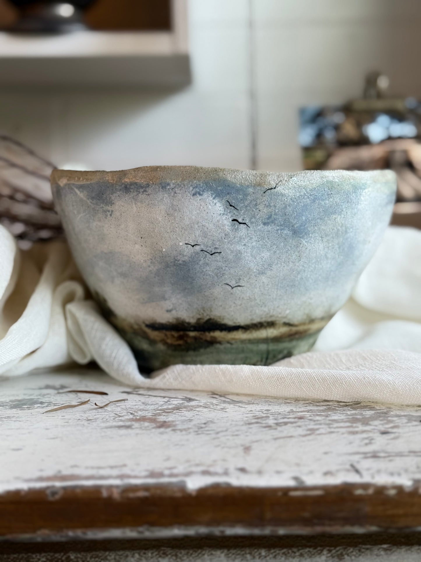 Linda Titow Art Bowl - Landscape Birds in Country