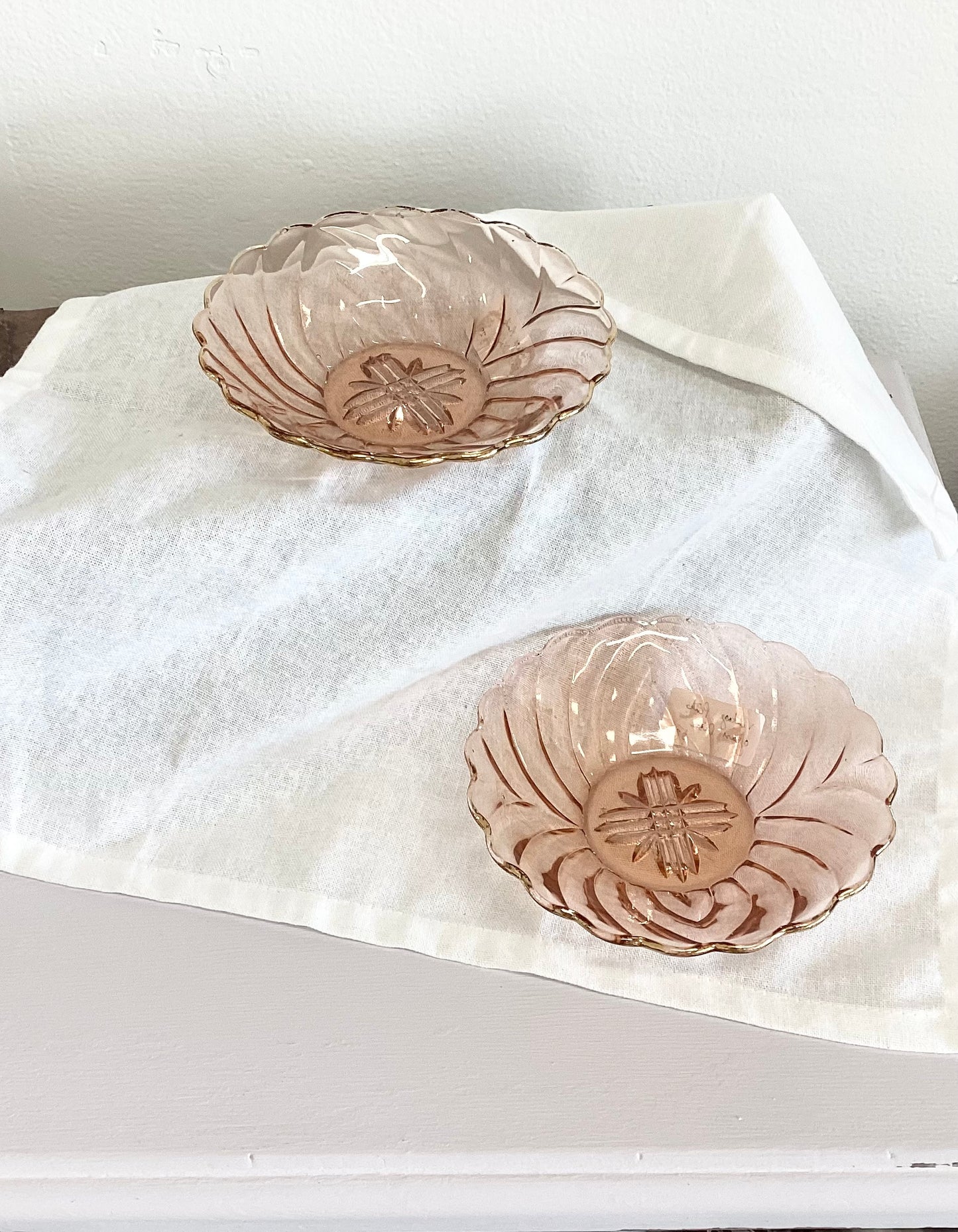 PAIR Pink Glass Dishes - gold rim