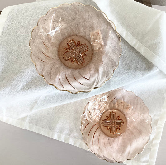 PAIR Pink Glass Dishes - gold rim