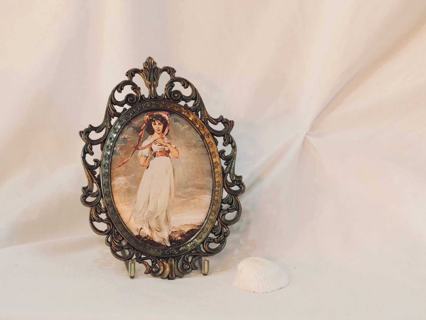 Vintage Italian Brass Framed Silk Print 1