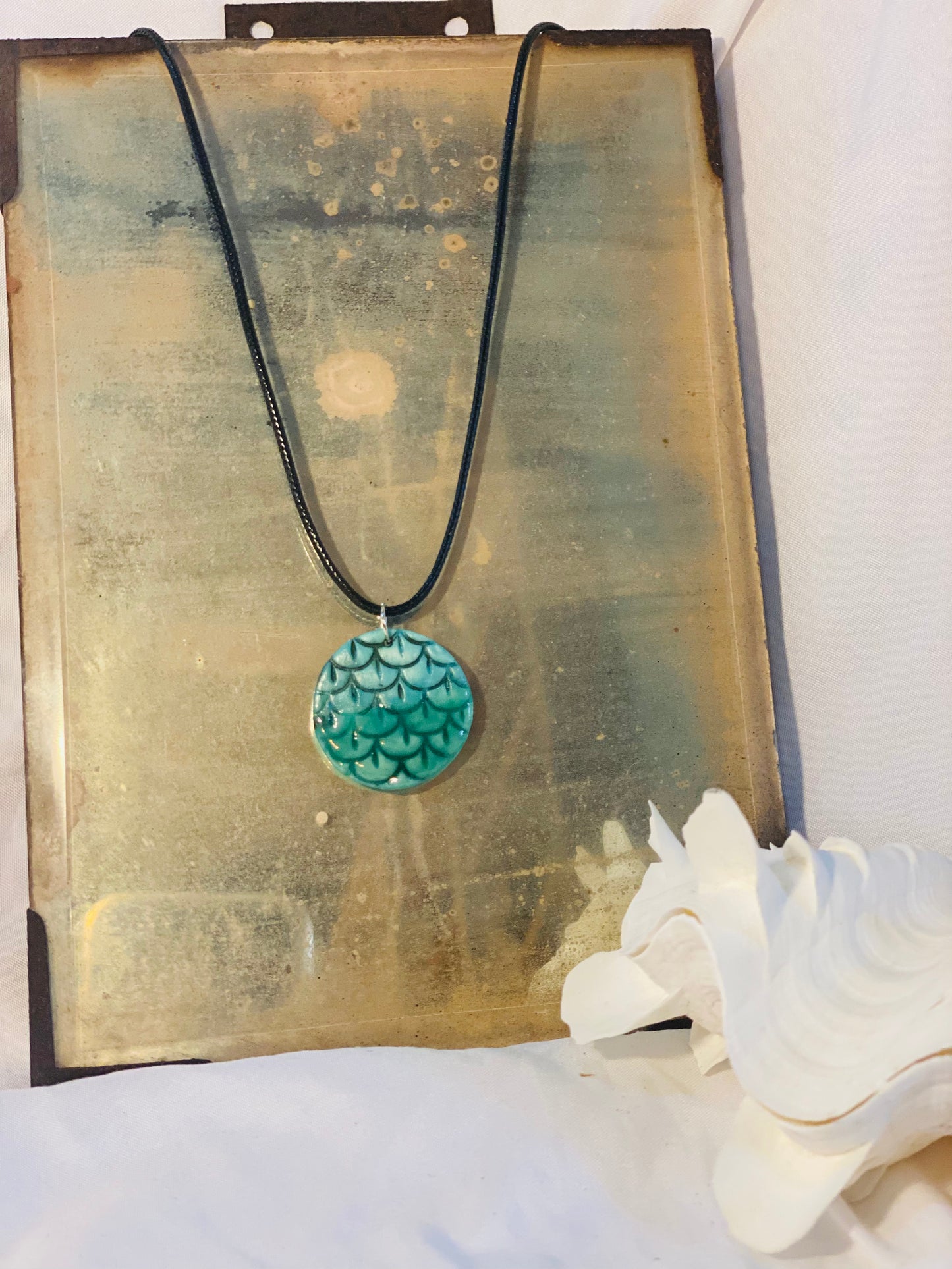 Green Fish Scale Porcelain Necklace by Linda Titow